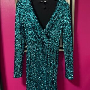 Fashion Nova Teal Sequin Long Sleeve Dress